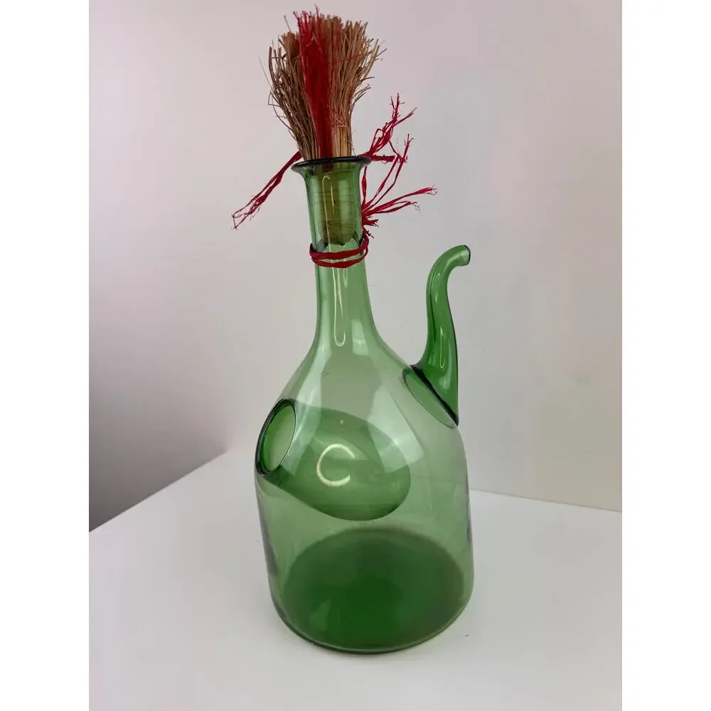 Vintage Green Pitcher Glass Wine Bottle Decanter Ice Chamber Chiller Hand Blown